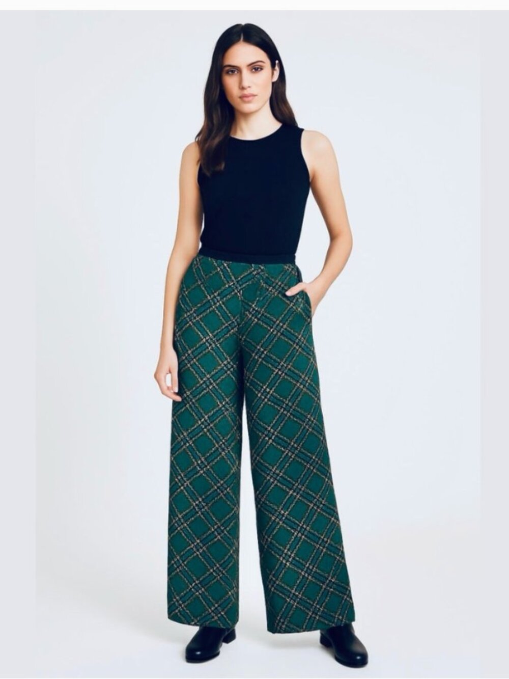 * Sonia Rykiel Paris Green Tartan High Waist Wide Leg Trousers Size S